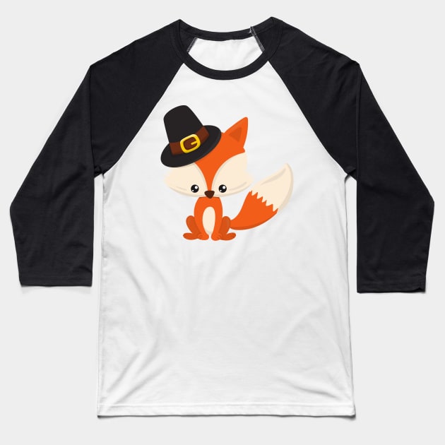 Thanksgiving, Cute Fox, Pilgrim Fox, Pilgrim Hat Baseball T-Shirt by Jelena Dunčević